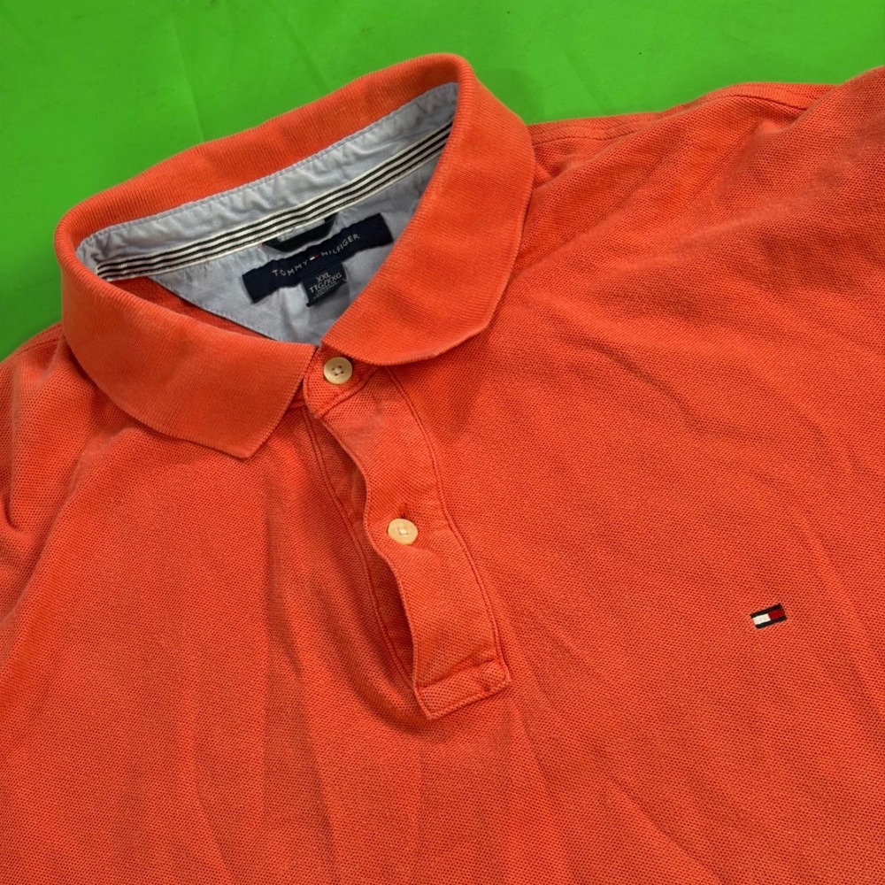 VTG Tommy Hilfiger Solid Polo Mens 2X Blaze Orange 100% Pique Cotton Shirt Logo